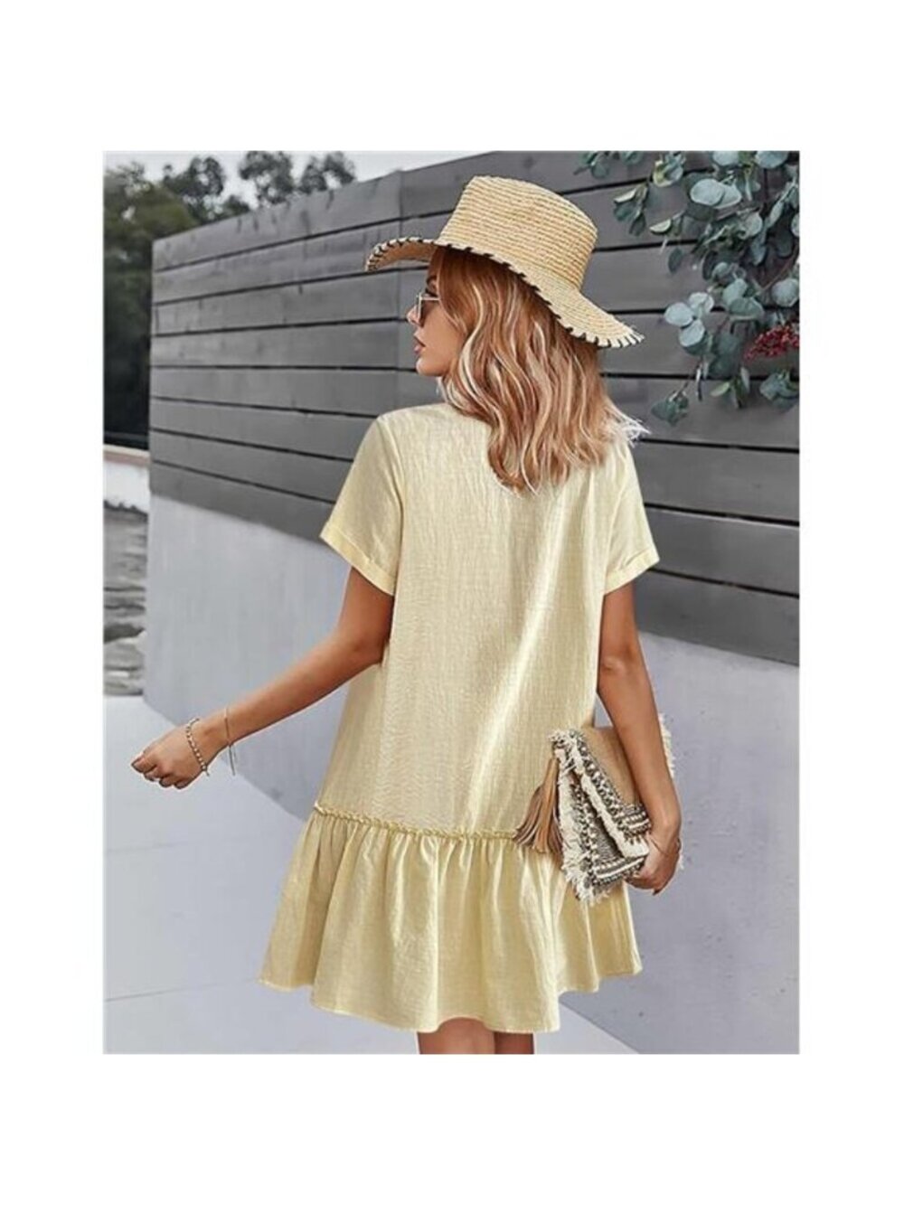 Women's Button Down Dress Loose Summer Cotton Linen Dress Ruffle Hem Tunic Dress - Picture 3 of 5